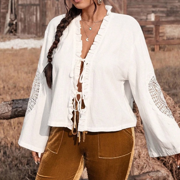 Plus White Floral Lace Insert Ruffle Detail Front Tie Top - Picture 2 of 7